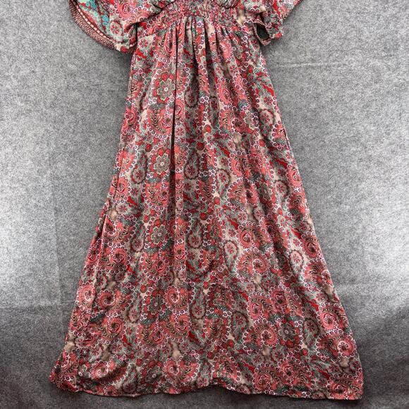 Boeme Womens Paisley Print Maxi Dress Size M Pink Teal Kimono Sleeve Boho Resort - Picture 10 of 13